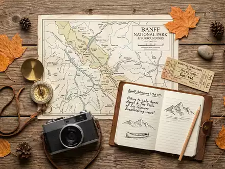 Flatlay-Reise-Arrangement rund um Banff-Nationalpark in Banff Kanada, Karte Kompass Kamera und generische Reiserequisiten - Foto: THN