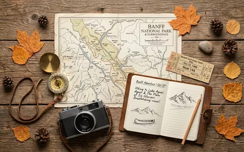 Flatlay-Reise-Arrangement rund um Banff-Nationalpark in Banff Kanada, Karte Kompass Kamera und generische Reiserequisiten - Foto: THN