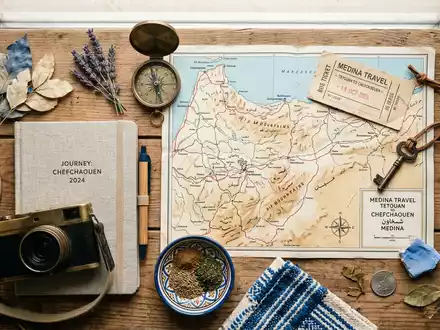 Flatlay-Reise-Arrangement rund um Chefchaouen Altstadt in Chefchaouen Marokko, Karte Kompass Kamera und generische Reiserequisiten - Foto: THN