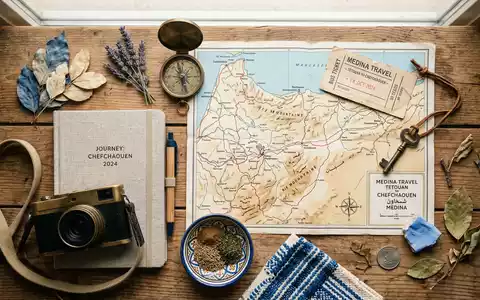 Flatlay-Reise-Arrangement rund um Chefchaouen Altstadt in Chefchaouen Marokko, Karte Kompass Kamera und generische Reiserequisiten - Foto: THN