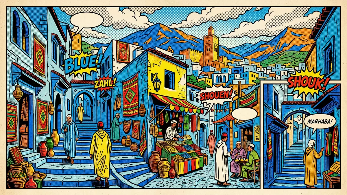 Pop-Art-Comic von Chefchaouen Altstadt in Chefchaouen, Marokko mit Rasterpunkten