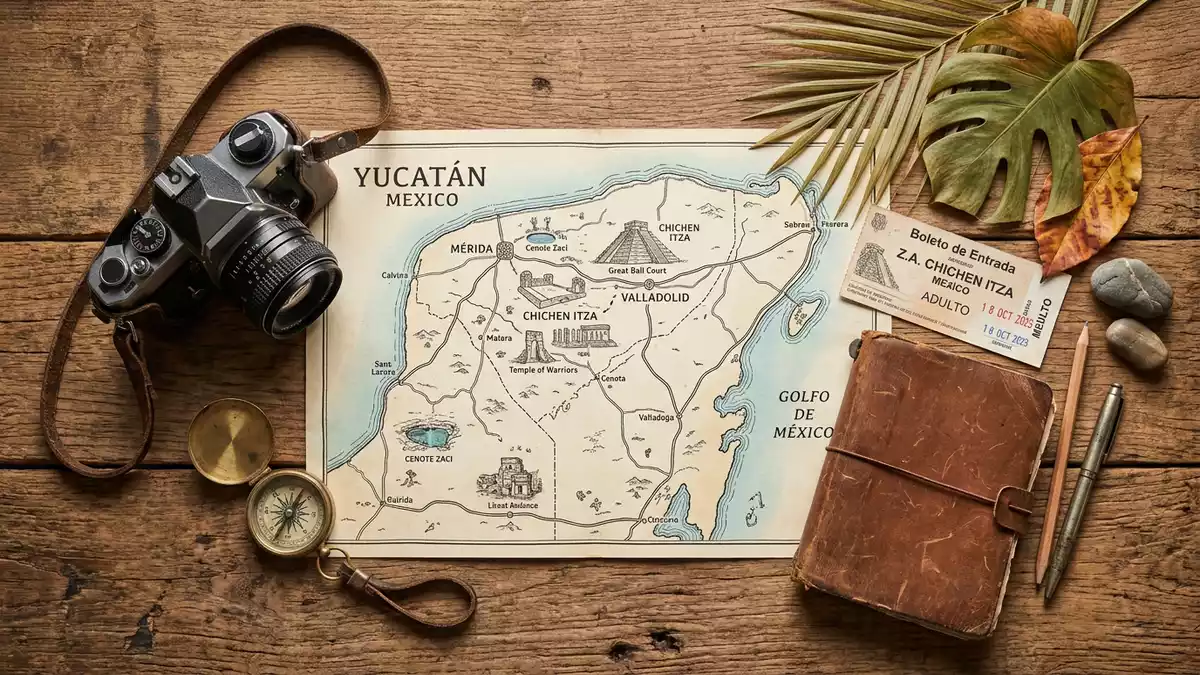 Flatlay-Reise-Arrangement rund um Chichen Itza in Valladolid, Mexiko