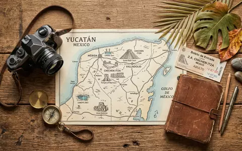 Flatlay-Reise-Arrangement rund um Chichen Itza in Valladolid Mexiko, Karte Kompass Kamera und generische Reiserequisiten - Foto: THN