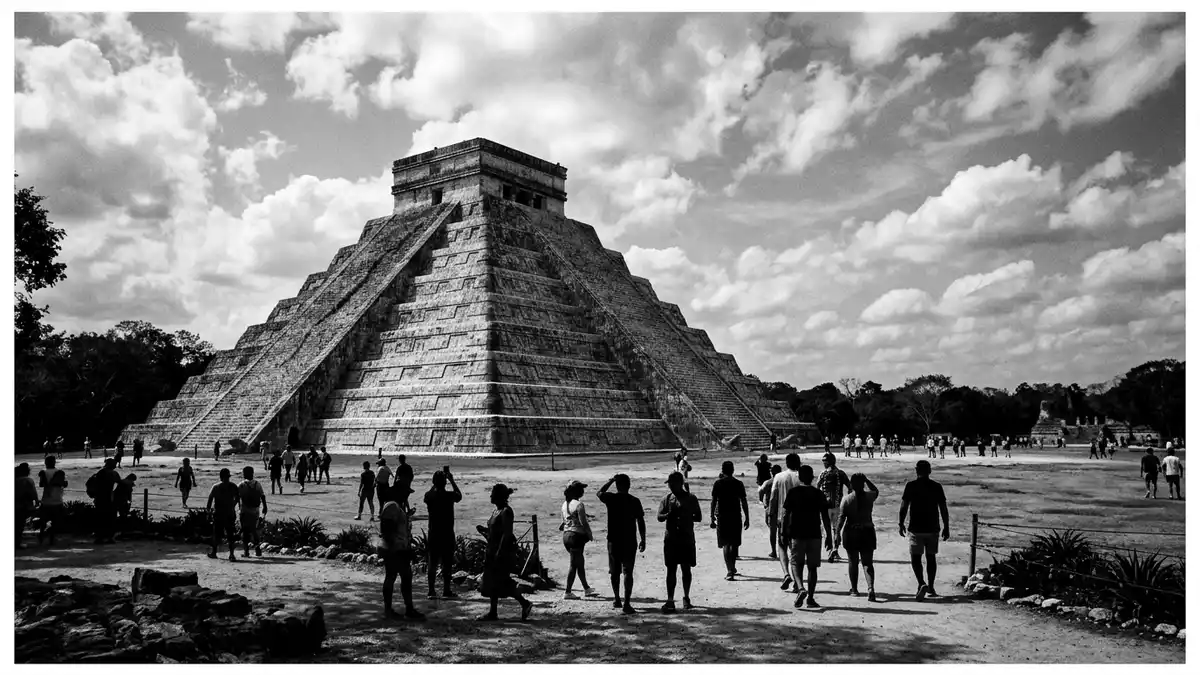 Schwarzweiss-Reportage vom Wahrzeichen Chichen Itza in Valladolid, Mexiko