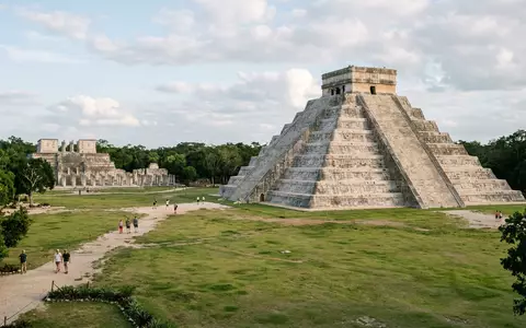 Editorialbild im Reisemagazin-Stil vom Wahrzeichen Chichen Itza in Valladolid Mexiko, ausgewogene Bildgestaltung und natuerliches Umgebungslicht - Foto: THN