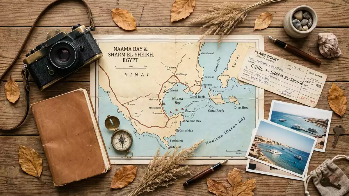 Flatlay-Reise-Arrangement rund um Naama Bay in Scharm asch-Schaich, Agypten