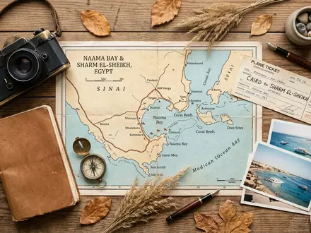 Flatlay-Reise-Arrangement rund um Naama Bay in Scharm asch-Schaich Agypten, Karte Kompass Kamera und generische Reiserequisiten - Foto: THN