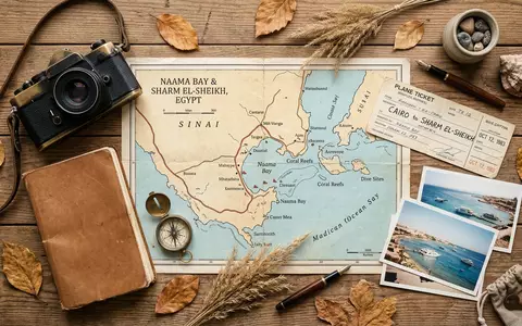 Flatlay-Reise-Arrangement rund um Naama Bay in Scharm asch-Schaich Agypten, Karte Kompass Kamera und generische Reiserequisiten - Foto: THN