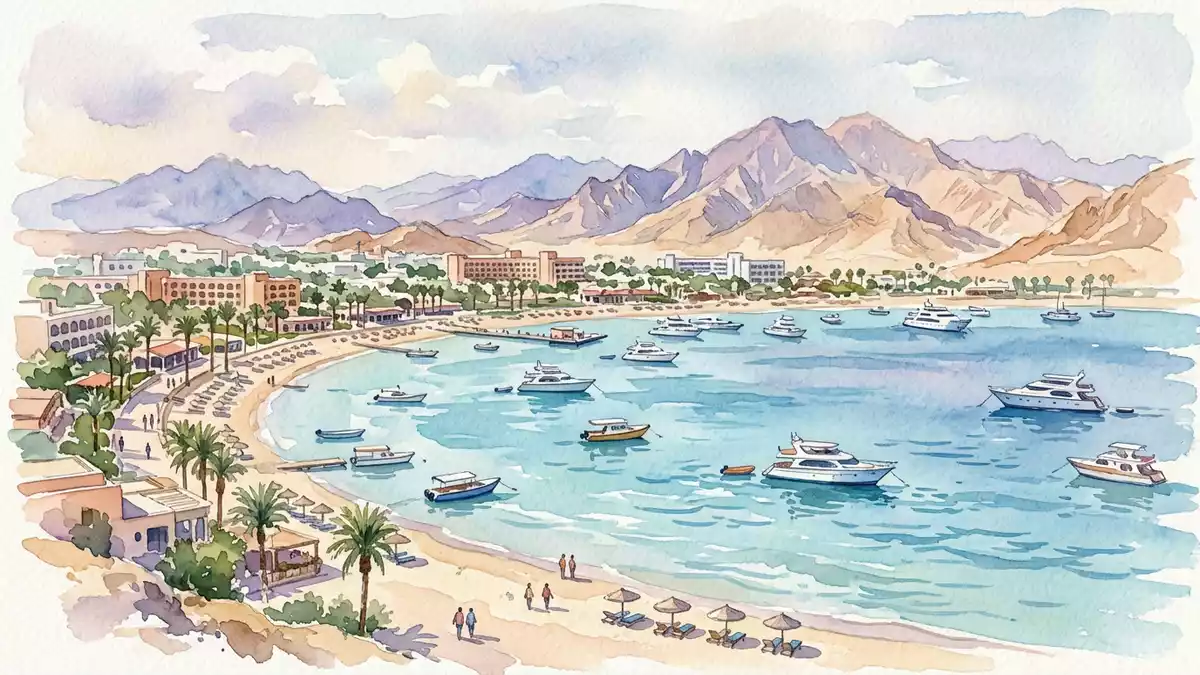 Aquarell-Illustration von Naama Bay in Scharm asch-Schaich, Agypten als Reiseposter