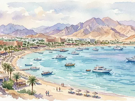 Aquarellillustration des Wahrzeichens Naama Bay in Scharm asch-Schaich Agypten, weiche Farbverläufe und pastelliges Reiseposter-Feeling - Foto: THN