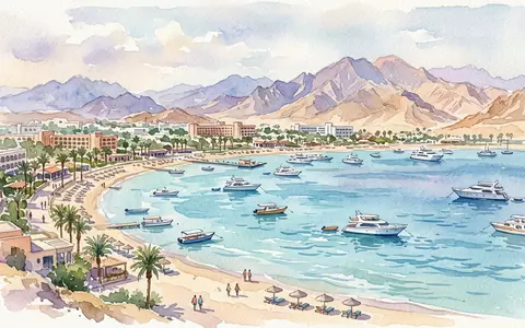 Aquarellillustration des Wahrzeichens Naama Bay in Scharm asch-Schaich Agypten, weiche Farbverläufe und pastelliges Reiseposter-Feeling - Foto: THN