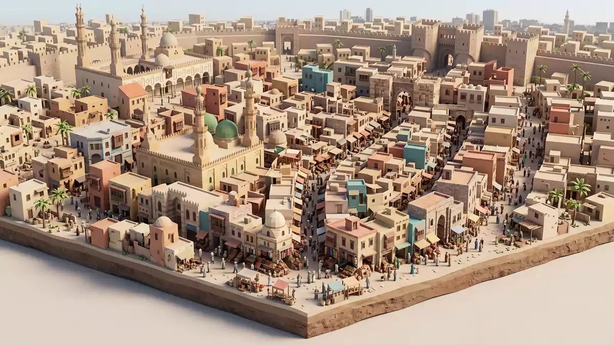 Isometrisches Diorama von Khan-el-Khalili in Kairo, Agypten in Pastell