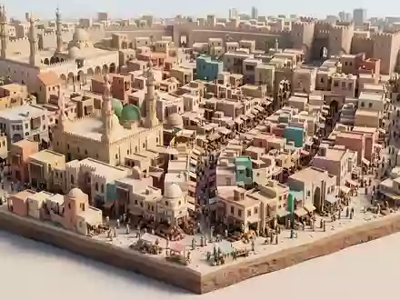 Isometrisches Diorama von Khan-el-Khalili und Umgebung in Kairo Agypten, verspielte Low-Poly-Kulisse in Pastellfarben - Foto: THN