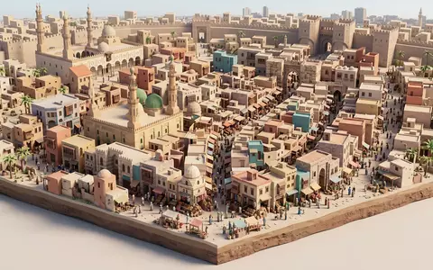 Isometrisches Diorama von Khan-el-Khalili und Umgebung in Kairo Agypten, verspielte Low-Poly-Kulisse in Pastellfarben - Foto: THN