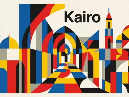 Bauhaus-Poster als geometrische Abstraktion von Khan-el-Khalili in Kairo Agypten, kraeftige Grundfarben und harte Formkanten - Foto: THN