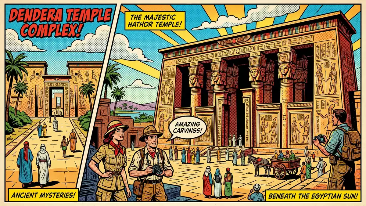 Pop-Art-Comic von Dendera-Tempel in Qena, Agypten mit Rasterpunkten