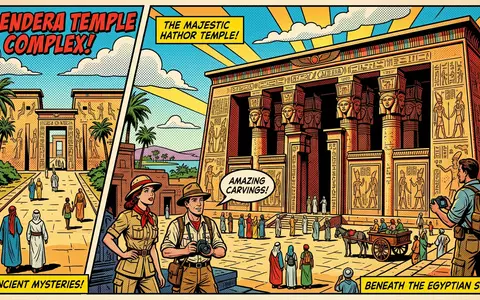 Pop-Art-Comicillustration des Wahrzeichens Dendera-Tempel in Qena Agypten, kraeftige Konturen Rasterpunkte und satte Farben - Foto: THN