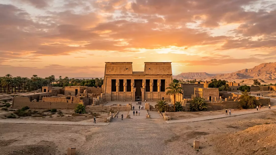 Fotorealistische Ansicht von Dendera-Tempel in Qena, Agypten im Abendlicht