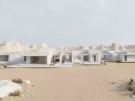 Moderner Architektur-Render zeigt Silhouette von Weisse Wuste in Farafra Agypten, klare Linien und neutrales Tageslicht - Foto: THN