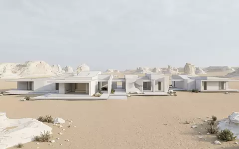 Moderner Architektur-Render zeigt Silhouette von Weisse Wuste in Farafra Agypten, klare Linien und neutrales Tageslicht - Foto: THN