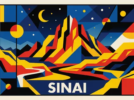Bauhaus-Poster als geometrische Abstraktion von Sinai-Berg in Sinai Agypten, kraeftige Grundfarben und harte Formkanten - Foto: THN