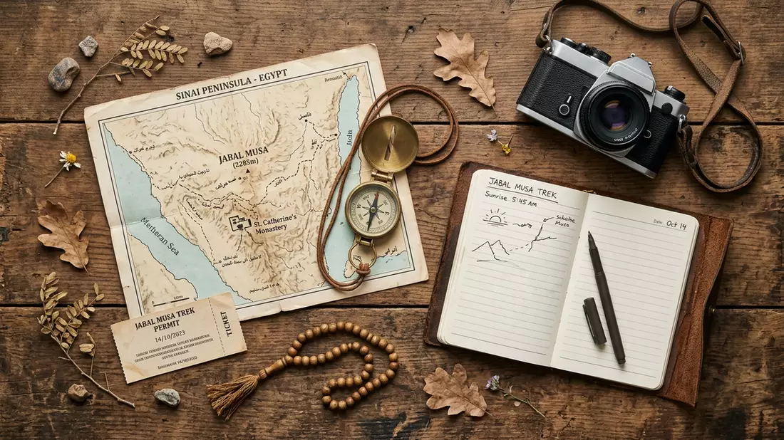 Flatlay-Reise-Arrangement rund um Sinai-Berg in Sinai, Agypten