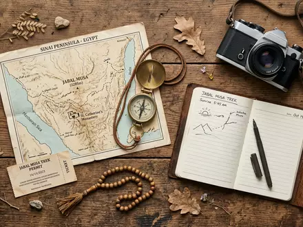 Flatlay-Reise-Arrangement rund um Sinai-Berg in Sinai Agypten, Karte Kompass Kamera und generische Reiserequisiten - Foto: THN