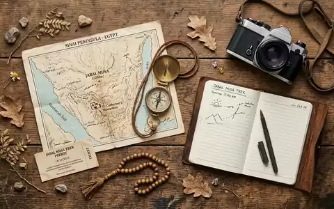 Flatlay-Reise-Arrangement rund um Sinai-Berg in Sinai Agypten, Karte Kompass Kamera und generische Reiserequisiten - Foto: THN