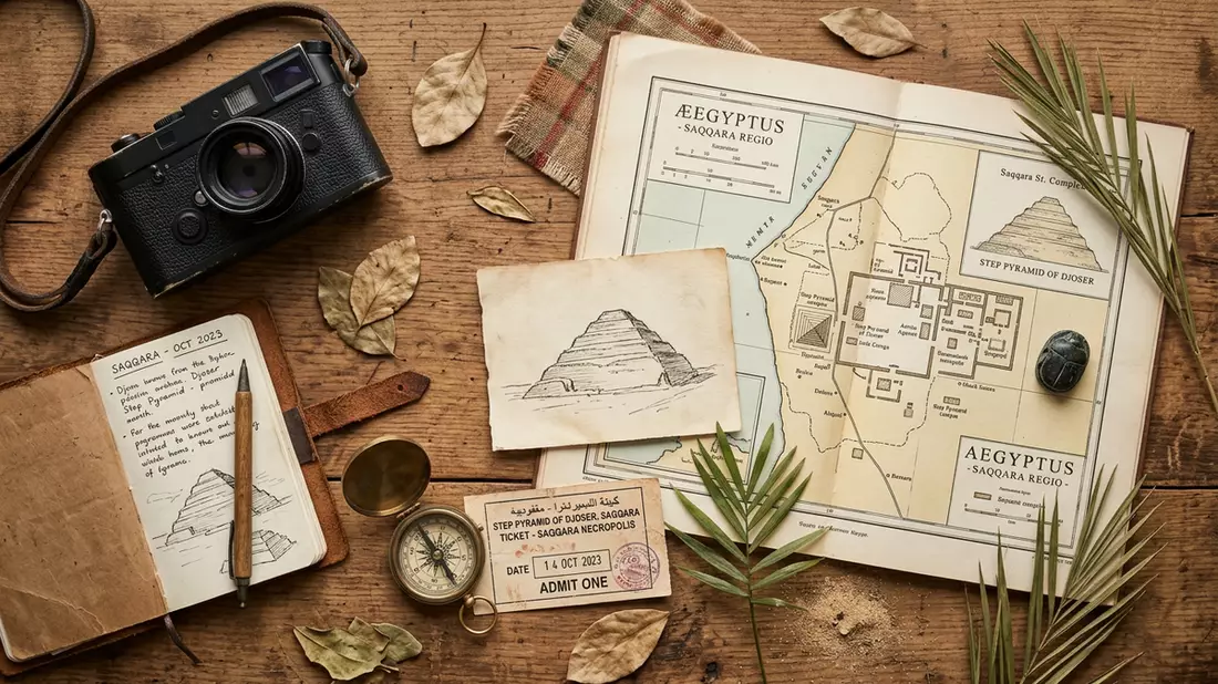 Flatlay-Reise-Arrangement rund um Stufenpyramide des Djoser in Saqqara, Agypten
