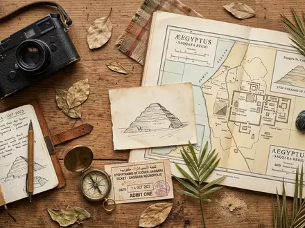 Flatlay-Reise-Arrangement rund um Stufenpyramide des Djoser in Saqqara Agypten, Karte Kompass Kamera und generische Reiserequisiten - Foto: THN