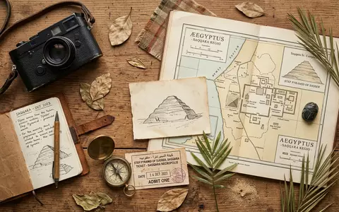 Flatlay-Reise-Arrangement rund um Stufenpyramide des Djoser in Saqqara Agypten, Karte Kompass Kamera und generische Reiserequisiten - Foto: THN