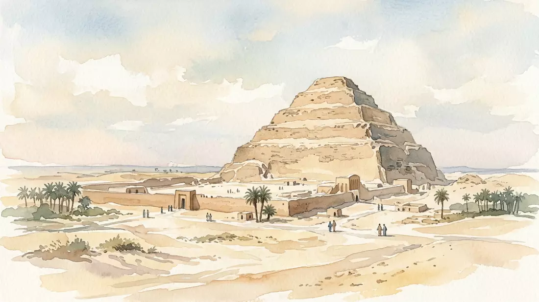 Aquarell-Illustration von Stufenpyramide des Djoser in Saqqara, Agypten als Reiseposter