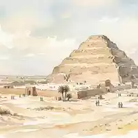 Aquarellillustration des Wahrzeichens Stufenpyramide des Djoser in Saqqara Agypten, weiche Farbverläufe und pastelliges Reiseposter-Feeling - Foto: THN