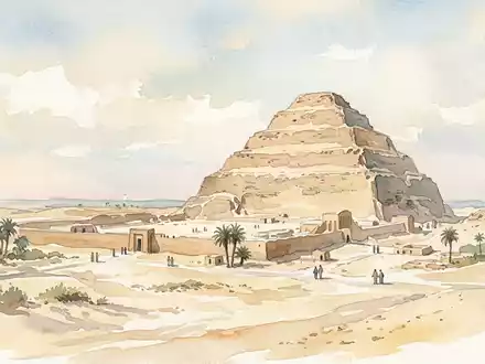 Aquarellillustration des Wahrzeichens Stufenpyramide des Djoser in Saqqara Agypten, weiche Farbverläufe und pastelliges Reiseposter-Feeling - Foto: THN