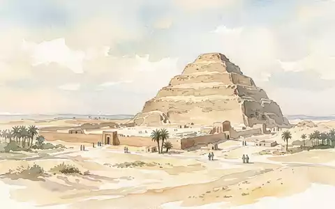 Aquarellillustration des Wahrzeichens Stufenpyramide des Djoser in Saqqara Agypten, weiche Farbverläufe und pastelliges Reiseposter-Feeling - Foto: THN