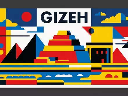 Bauhaus-Poster als geometrische Abstraktion von Sakkara in Gizeh Agypten, kraeftige Grundfarben und harte Formkanten - Foto: THN