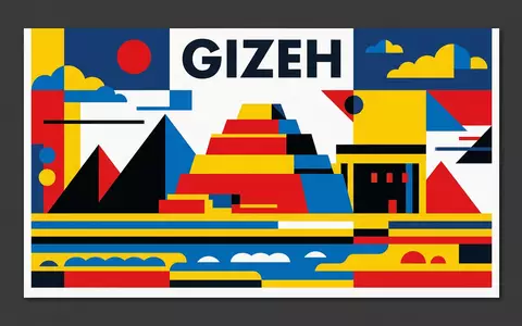 Bauhaus-Poster als geometrische Abstraktion von Sakkara in Gizeh Agypten, kraeftige Grundfarben und harte Formkanten - Foto: THN