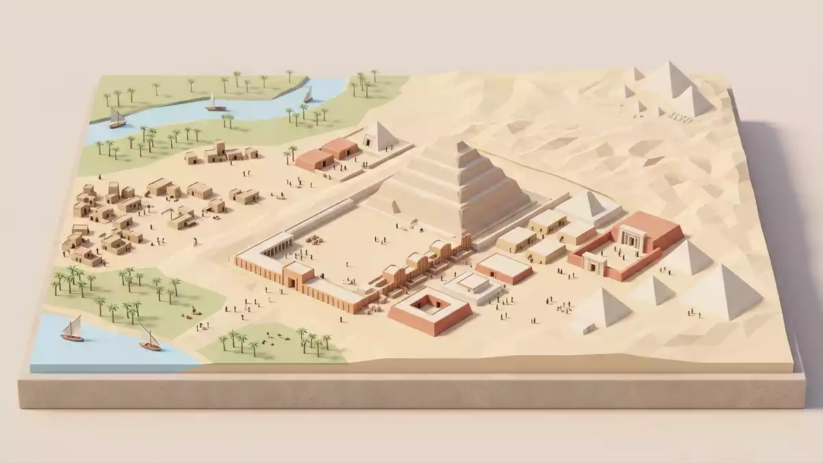 Isometrisches Diorama von Sakkara in Gizeh, Agypten in Pastell