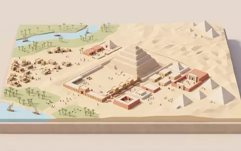 Isometrisches Diorama von Sakkara und Umgebung in Gizeh Agypten, verspielte Low-Poly-Kulisse in Pastellfarben - Foto: THN