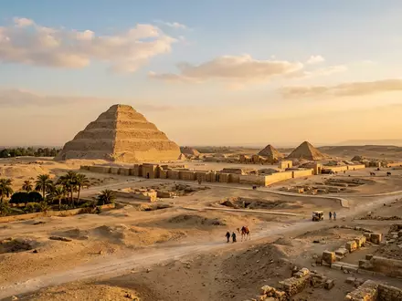 Editorialbild im Reisemagazin-Stil vom Wahrzeichen Sakkara in Gizeh Agypten, ausgewogene Bildgestaltung und natuerliches Umgebungslicht - Foto: THN