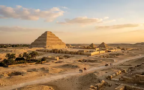 Editorialbild im Reisemagazin-Stil vom Wahrzeichen Sakkara in Gizeh Agypten, ausgewogene Bildgestaltung und natuerliches Umgebungslicht - Foto: THN