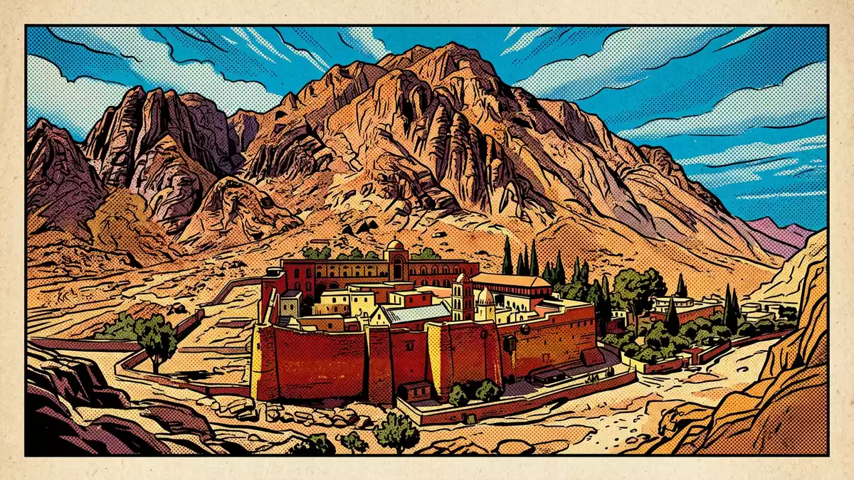 Pop-Art-Comic von Katharinenkloster in Saint Catherine, Agypten mit Rasterpunkten