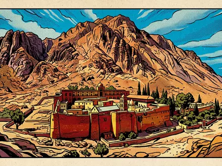 Pop-Art-Comicillustration des Wahrzeichens Katharinenkloster in Saint Catherine Agypten, kraeftige Konturen Rasterpunkte und satte Farben - Foto: THN