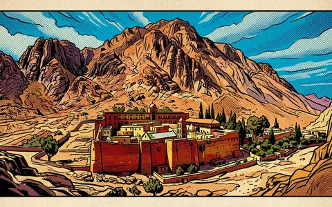 Pop-Art-Comicillustration des Wahrzeichens Katharinenkloster in Saint Catherine Agypten, kraeftige Konturen Rasterpunkte und satte Farben - Foto: THN