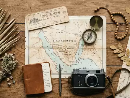 Flatlay-Reise-Arrangement rund um Katharinenkloster in Saint Catherine Agypten, Karte Kompass Kamera und generische Reiserequisiten - Foto: THN