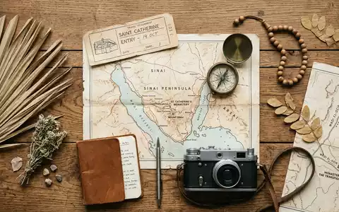 Flatlay-Reise-Arrangement rund um Katharinenkloster in Saint Catherine Agypten, Karte Kompass Kamera und generische Reiserequisiten - Foto: THN