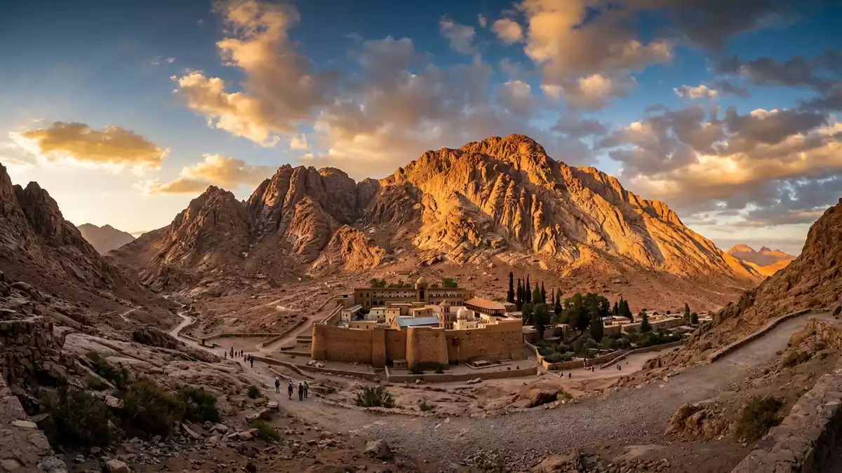 Fotorealistische Ansicht von Katharinenkloster in Saint Catherine, Agypten im Abendlicht