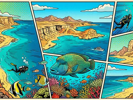 Pop-Art-Comicillustration des Wahrzeichens Ras-Mohammed-Nationalpark in Scharm asch-Schaich Agypten, kraeftige Konturen Rasterpunkte und satte Farben - Foto: THN