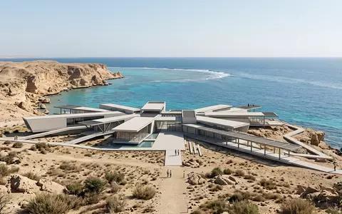 Moderner Architektur-Render zeigt Silhouette von Ras-Mohammed-Nationalpark in Scharm asch-Schaich Agypten, klare Linien und neutrales Tageslicht - Foto: THN