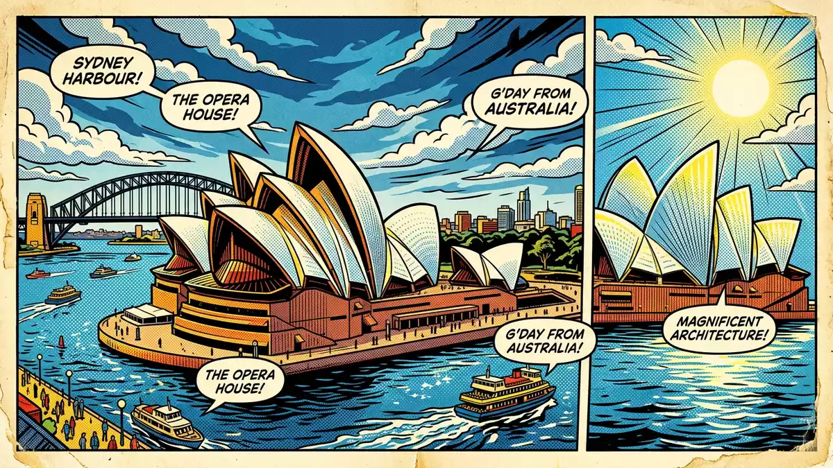 Pop-Art-Comic von Sydney Opera House in Sydney, Australien mit Rasterpunkten